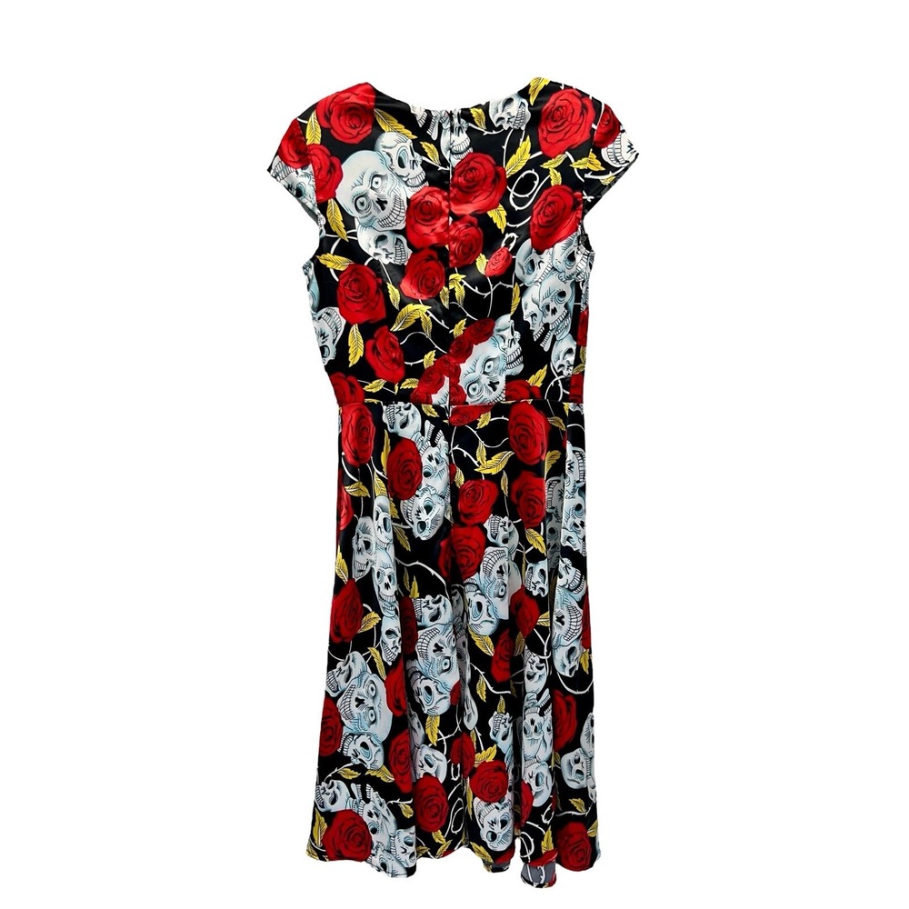 Dress Tells Roses Skulls Black Cap Sleeve Belted Retro Dress Women's Size Small - Picture 5 of 7
